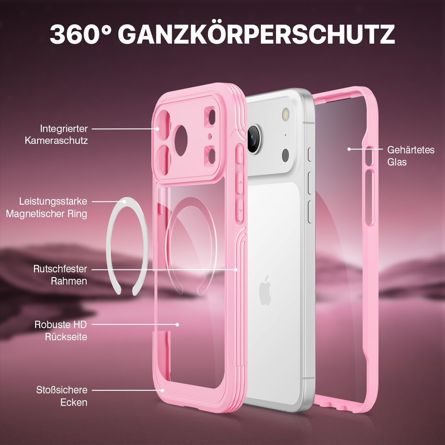 Thumbnail 1 de CENHUFO Hülle für iPhone 17 Pro – MagSafe kompatibel, 360° Schutz, 9H Displayschutz & Kameraschutz in Rosa