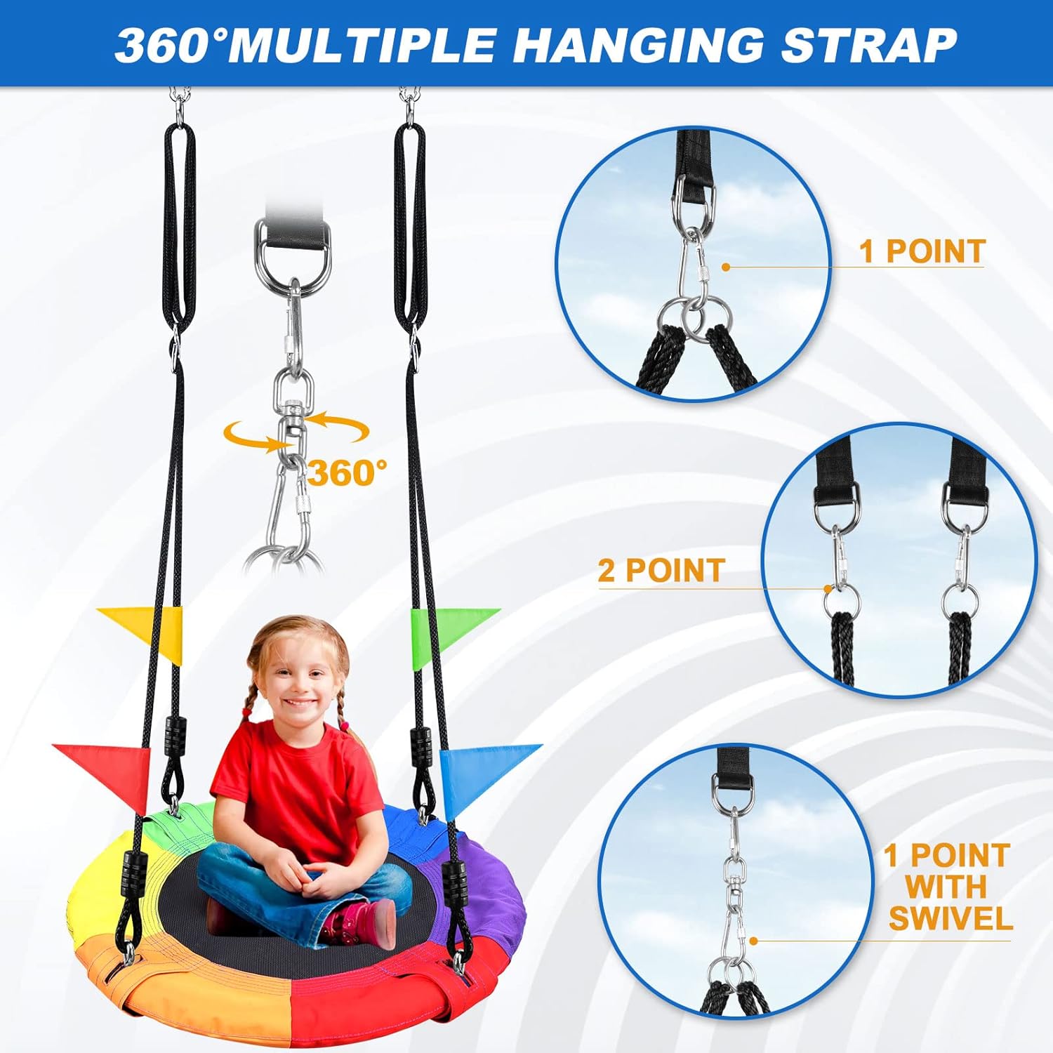 Detalle 2 de Odoland 24-Inch Tree Swing Net Swing with Detachable Ropes — Durable 900D Oxford Fabric, 660lb Load, Indoor/Outdoor
