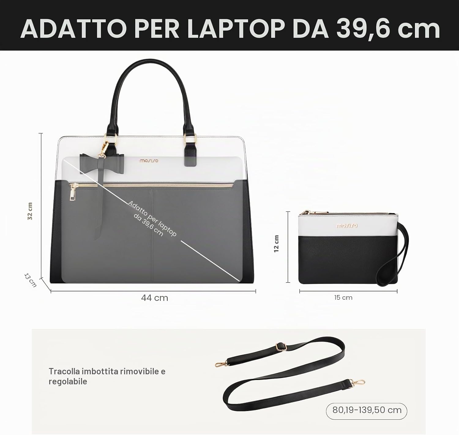 Detalle de MOSISO Borsa Tote Laptop Donna 15.6'' in Pelle PU Impermeabile, con Pochette e Fiocco – Nero