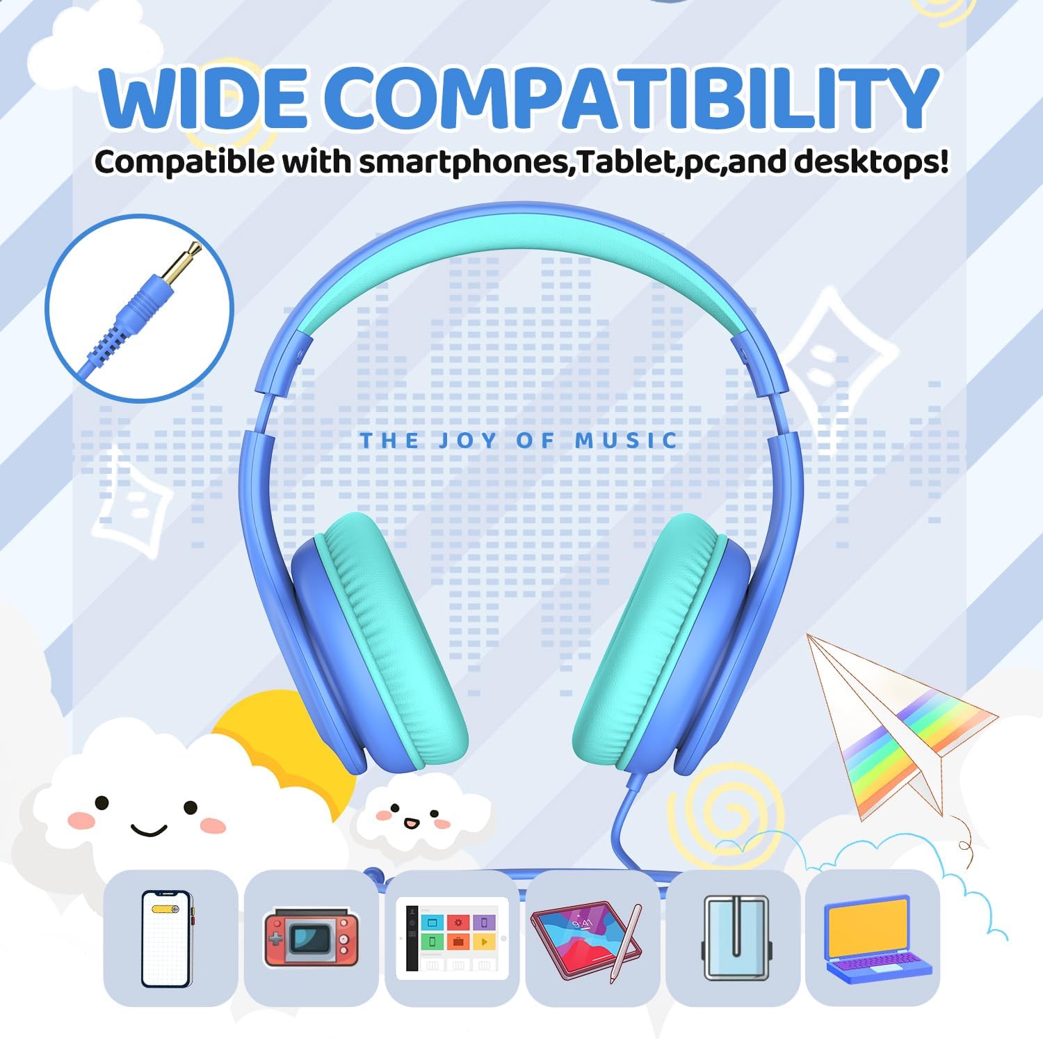 Thumbnail 3 de JoySpark Wired Headphones for Kids (85dB volume limit) – School Blue, 3.5mm, foldable and adjustable