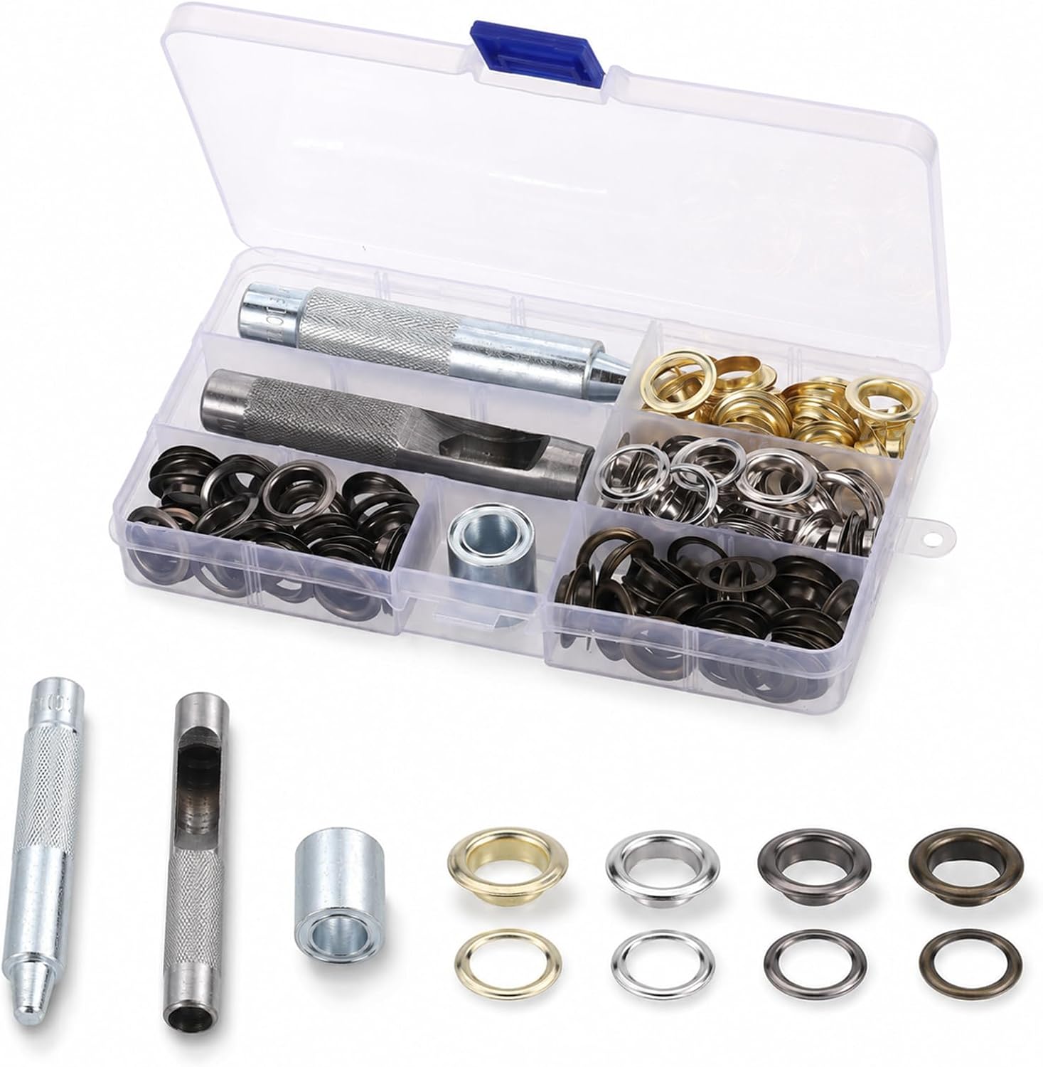 Detalle de Zocipro HBT-D112 oogjestangset met 100 metalen ogen van 12 mm in 4 kleuren