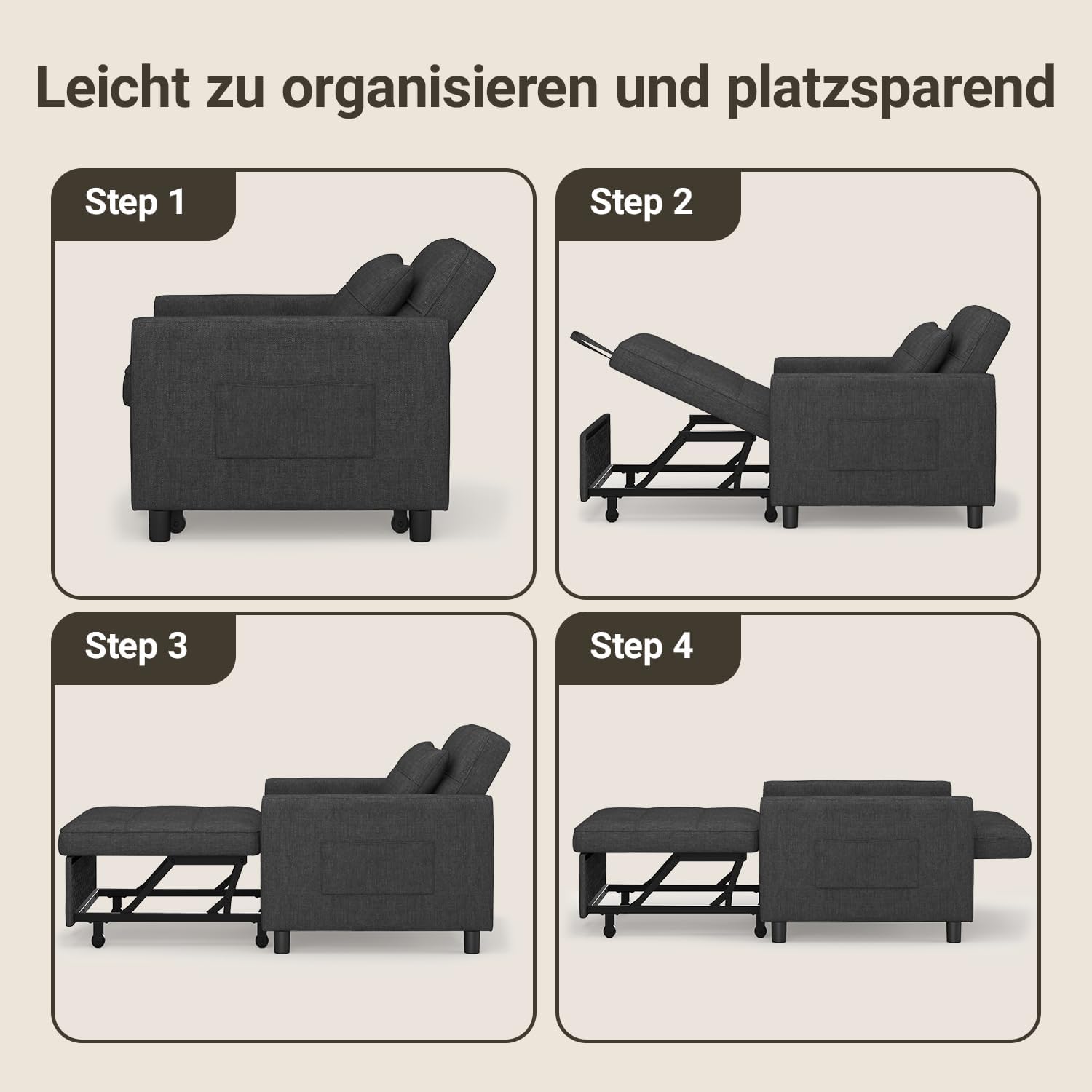Thumbnail 3 de Xbro 3-in-1 fauteuil-bed, inklapbaar, donkergrijs met verstelbare rugleuning