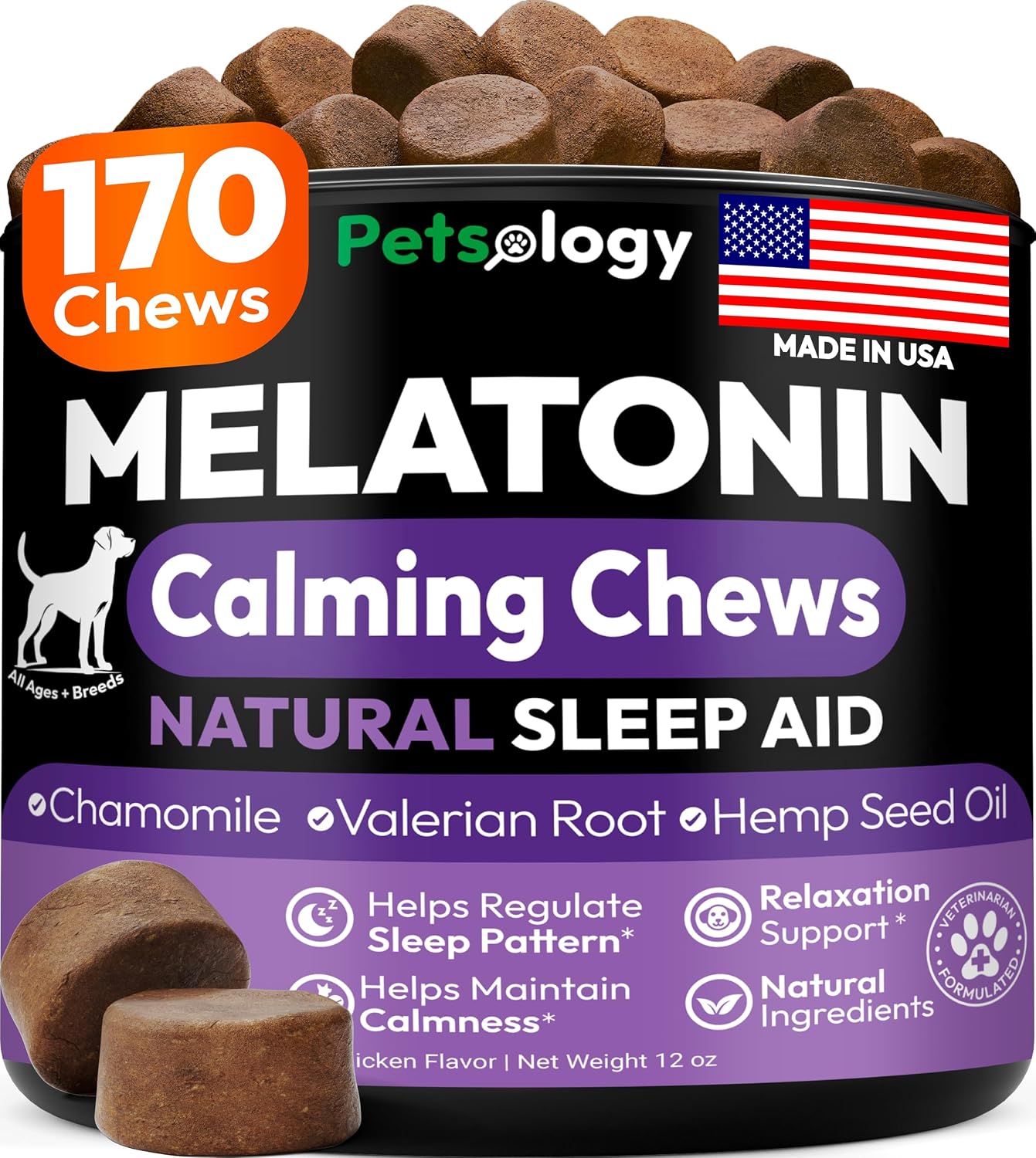 Petsology MLTND Dog Melatonin Calming Chews, 170 Chicken-Flavor Soft Chews