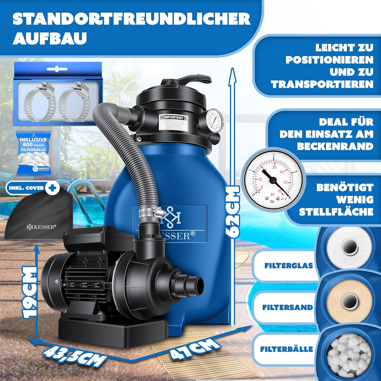 Detalle 2 de KESSER Sandfilteranlage mit 10.200 l/h – inklusive 800 g Filterbälle und 25 kg Filtersand, 4-Wege-Ventil, blau