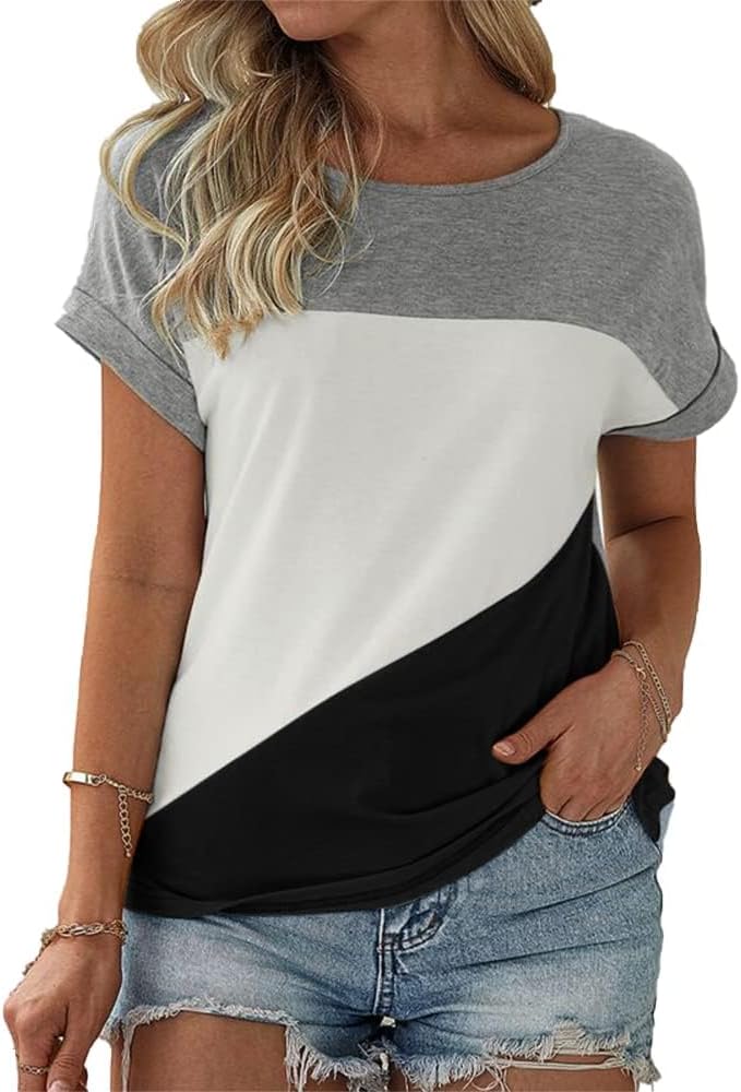Thumbnail 5 de Fisoew Damen T-Shirt Rundhals Farbblock – locker sitzendes Baumwoll-Oberteil für den Sommer