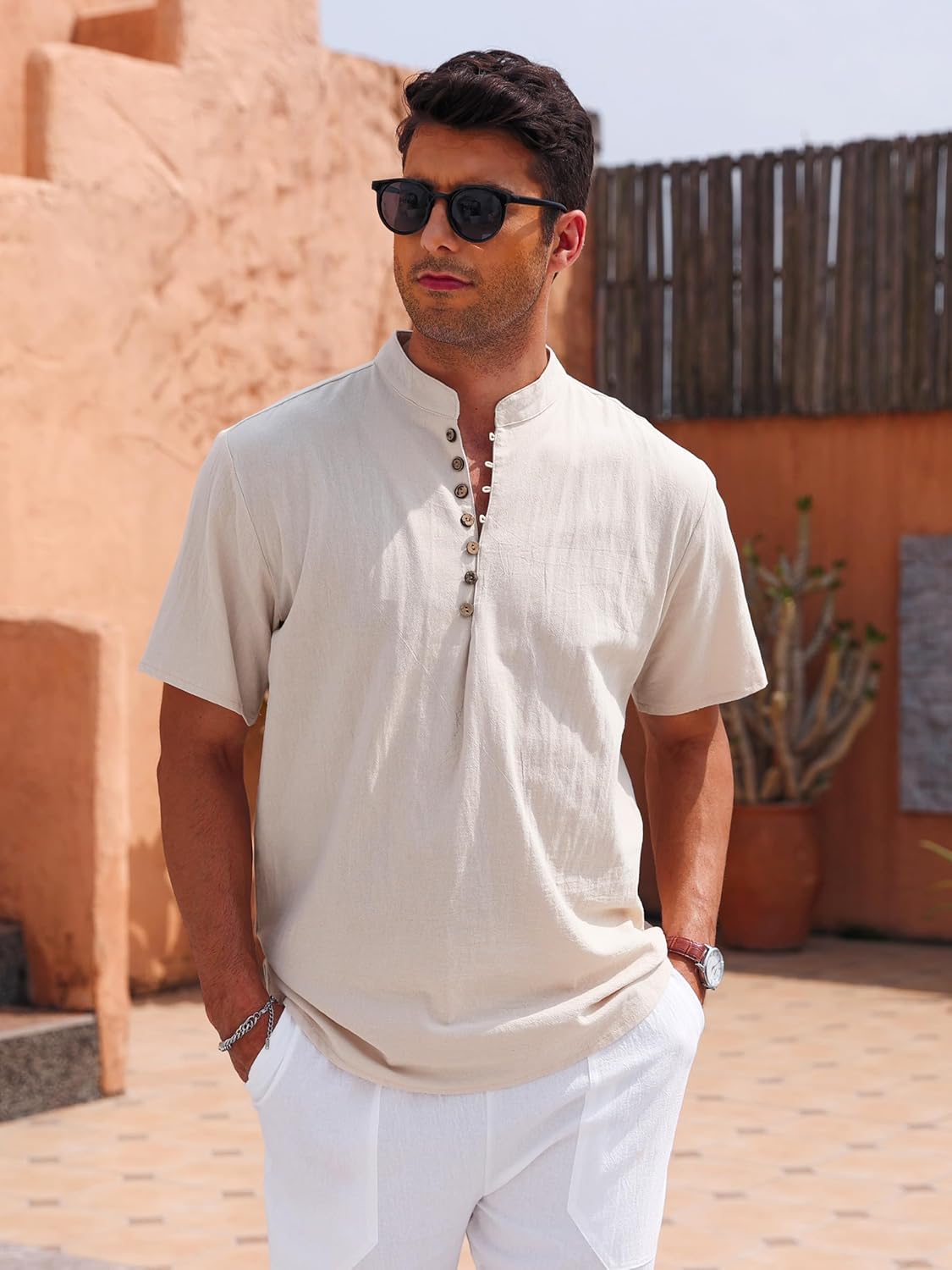 Detalle de Puimentiua Leinenhemd Herren – Kurzarm, Regular Fit, Stehkragen und Knöpfe (S–3XL)