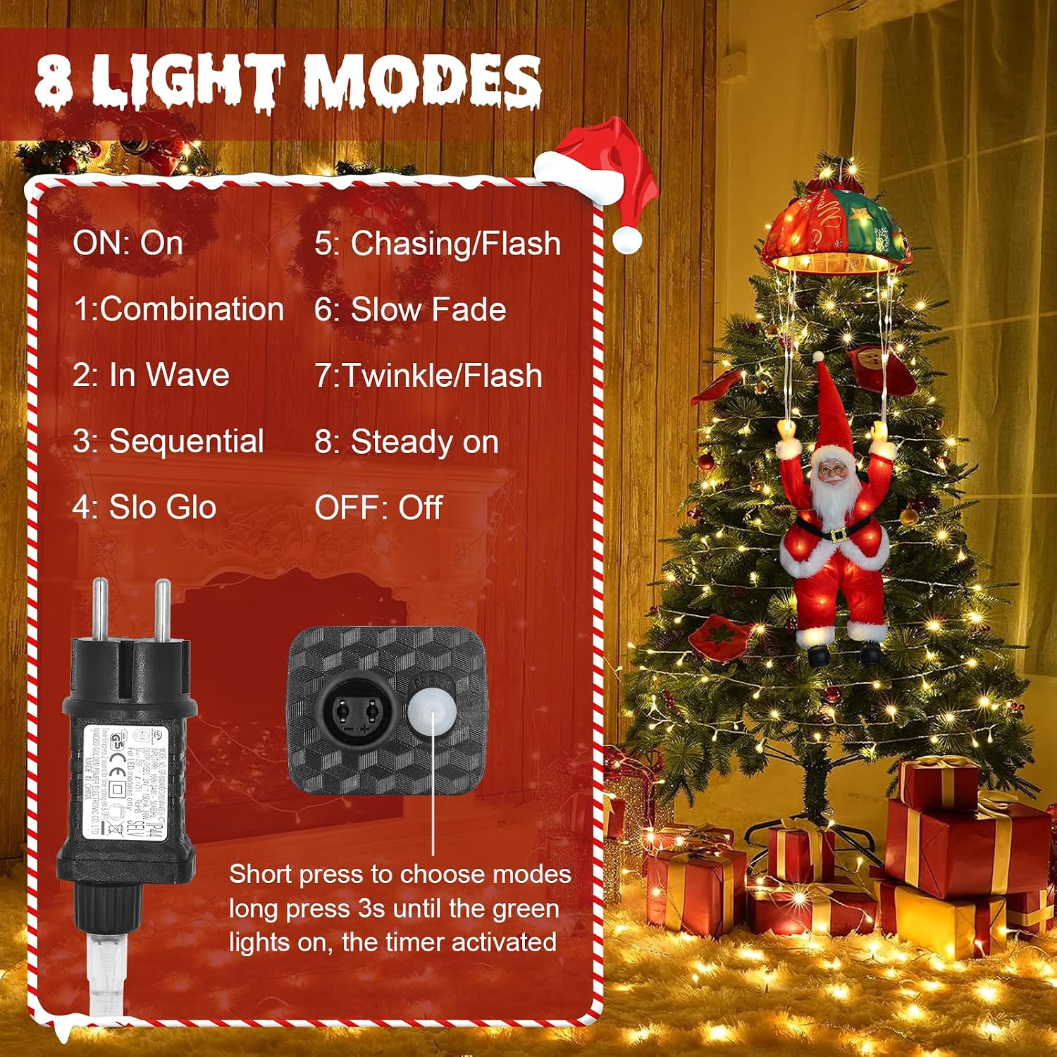 Detalle de Auting LED Fallschirm Weihnachtsmann Lichterkette – 8 Modi mit Timer und Speicherfunktion