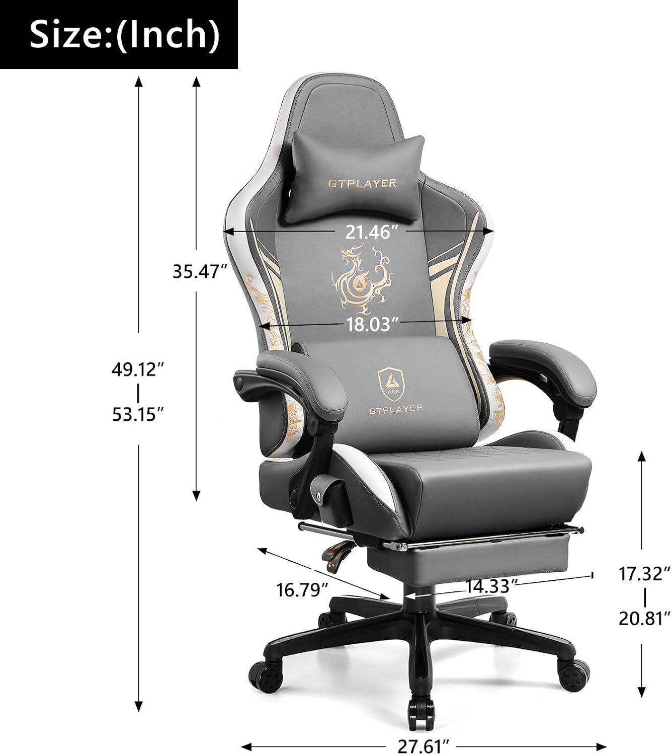 Detalle de GTPLAYER Serie Dragon sedia gaming ergonomica reclinabile con altoparlanti Bluetooth 5.1 e poggiapiedi (grigio)