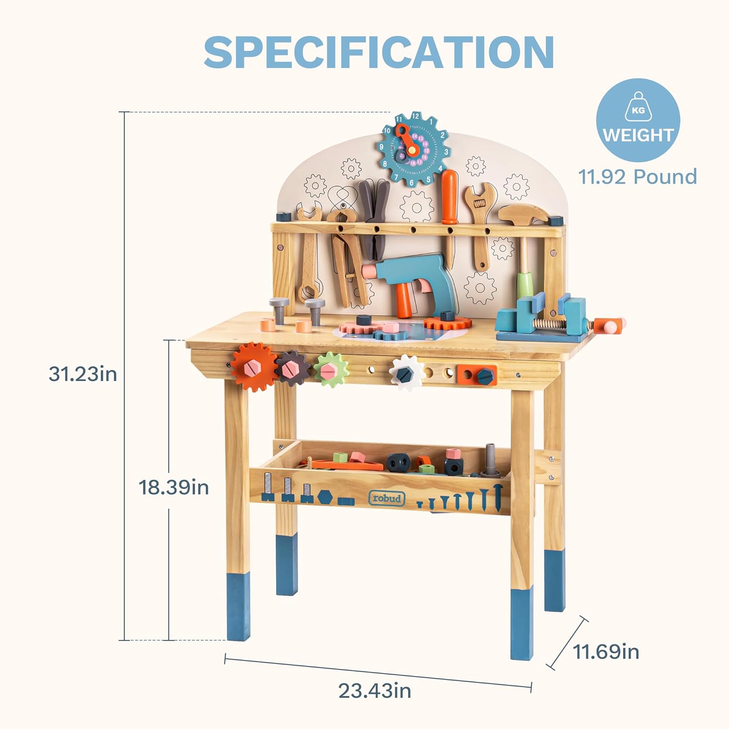 Detalle de ROBUD Holz Werkbank für Kinder – robuste Spielzeug-Werkbank aus Holz, ab 3 Jahren