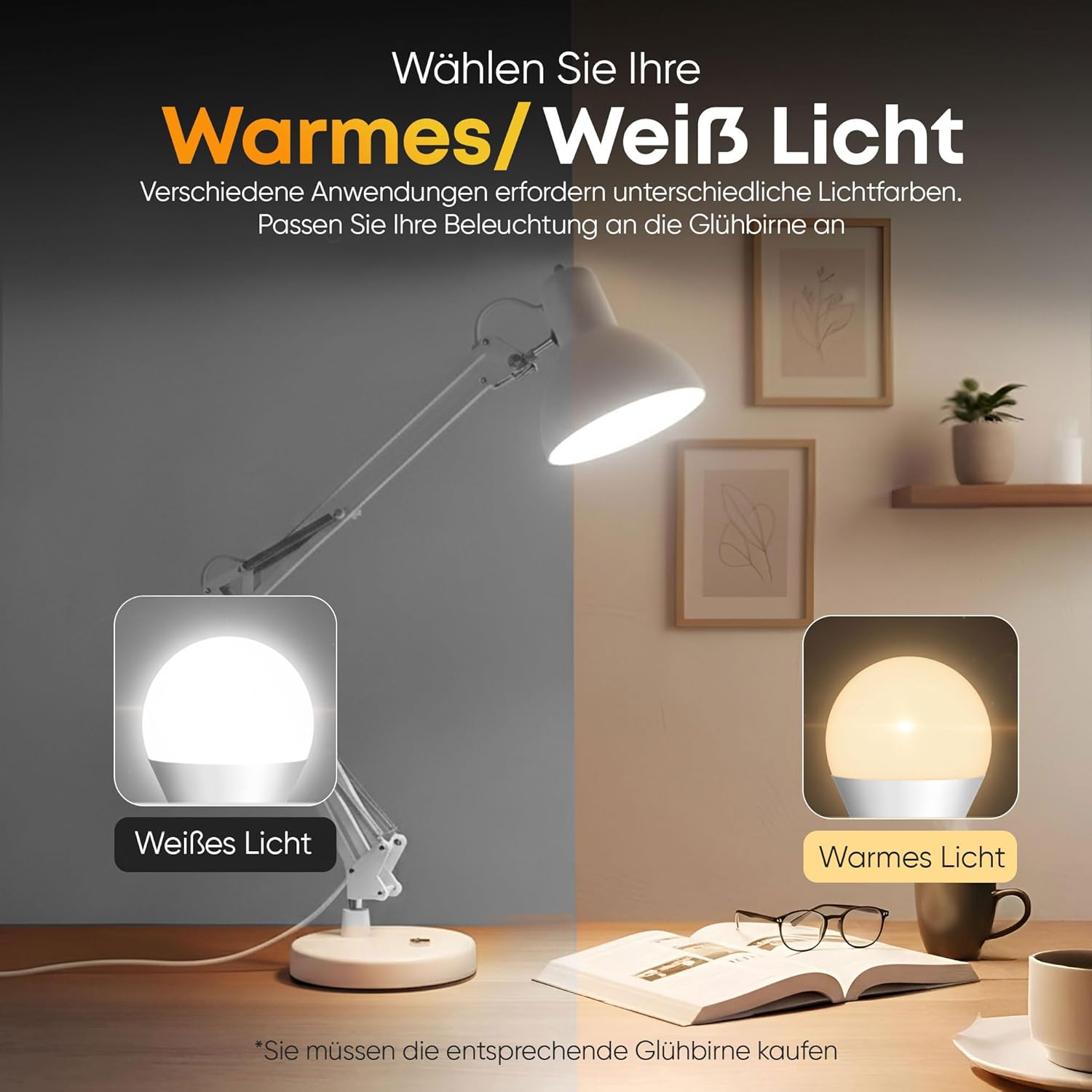 Thumbnail 6 de GOODS+GADGETS Retro Arbeitsplatzlampe – Leselampe mit Gelenk-Arm aus Metall, LED inklusive, Weiß