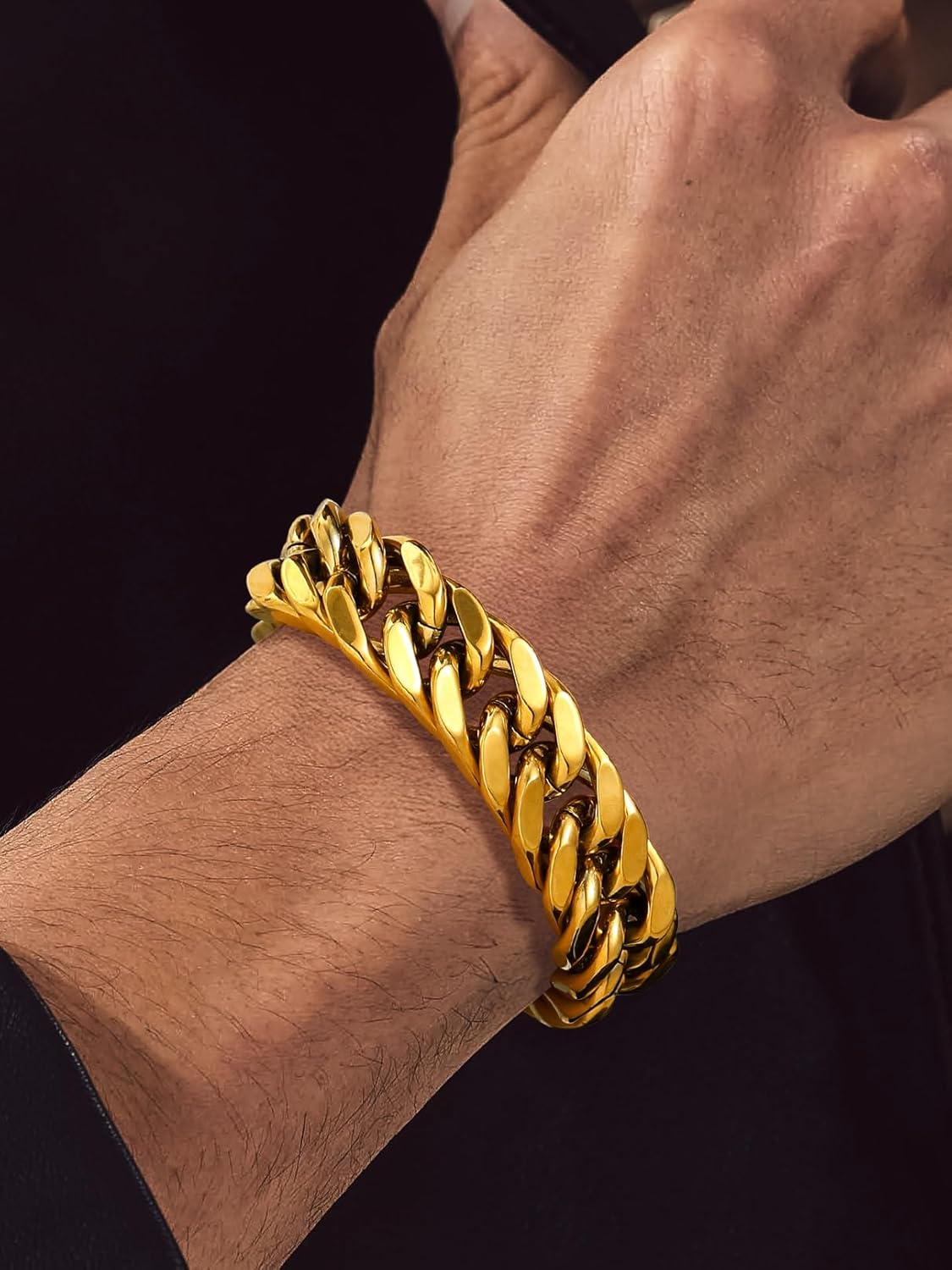 Thumbnail 6 de Bandmax Bracelet Cubain Homme acier inoxydable 316L plaqué or jaune – longueur 21 cm, style hip hop
