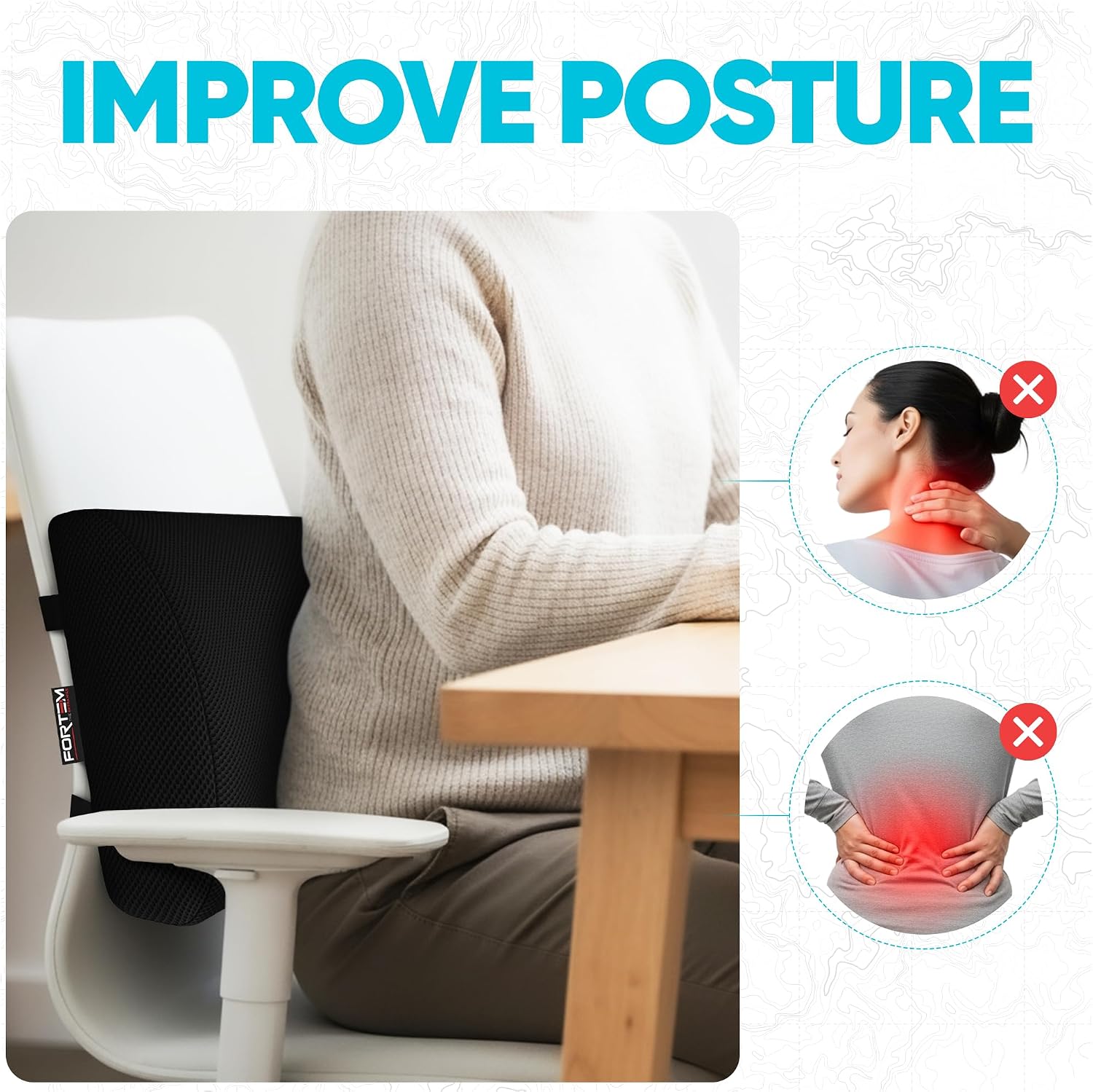 Detalle de FORTEM Lumbar Support Cushion with Memory Foam & Adjustable Straps