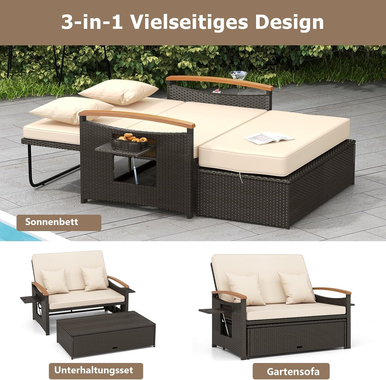 Detalle de GIANTEX Gartenlounge Outdoor Sofa – 3-in-1 Lounge Möbel für zwei Personen