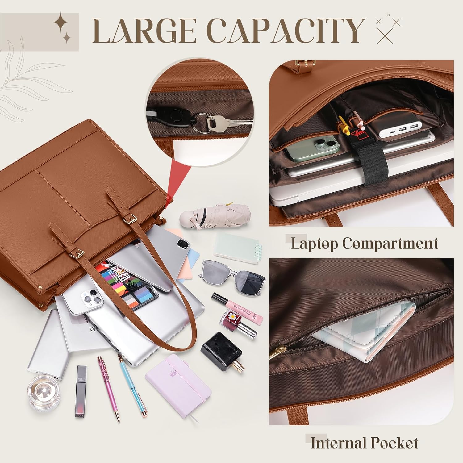 Thumbnail 5 de RAINSMORE Laptoptasche Damen mit isoliertem Lunchfach 15,6 Zoll – wasserdichtes PU-Leder, Braun