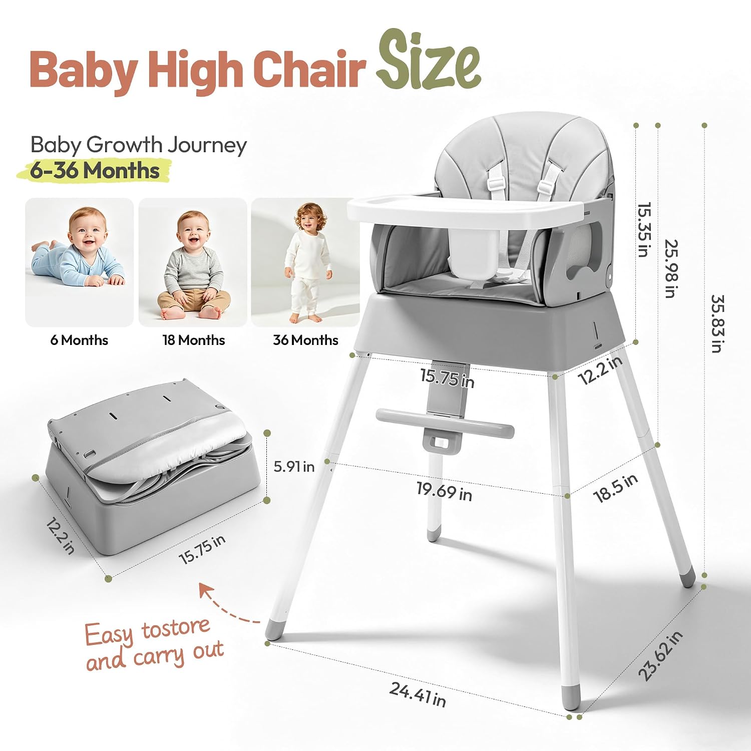 Detalle 2 de BABHAMNESS 5-in-1 Foldable Baby High Chair with Booster Seat and 5-Point Harness