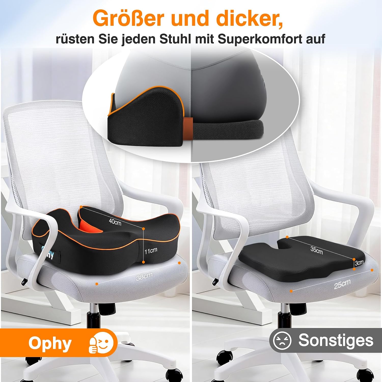 Detalle de Ophy Sitzkissen Auto – Memory-Schaum für Bürostuhl, Auto- und Gaming-Sitzkomfort