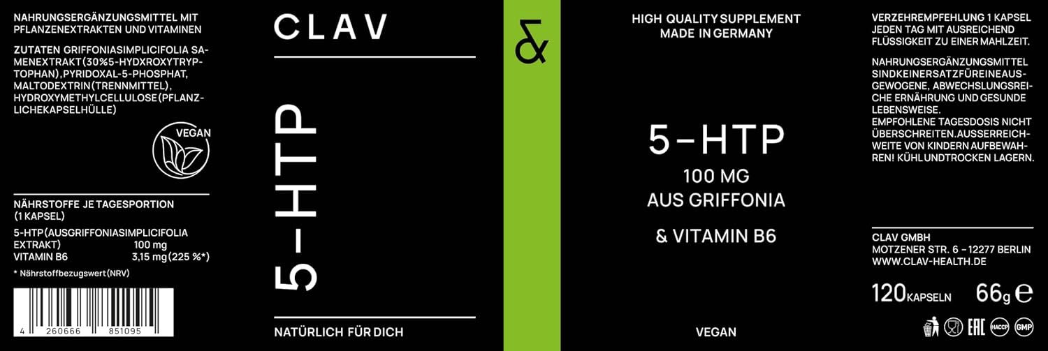 Detalle 2 de CLAV® 5-HTP Kapseln hochdosiert mit Vitamin B6 – 120 Kapseln à 100 mg