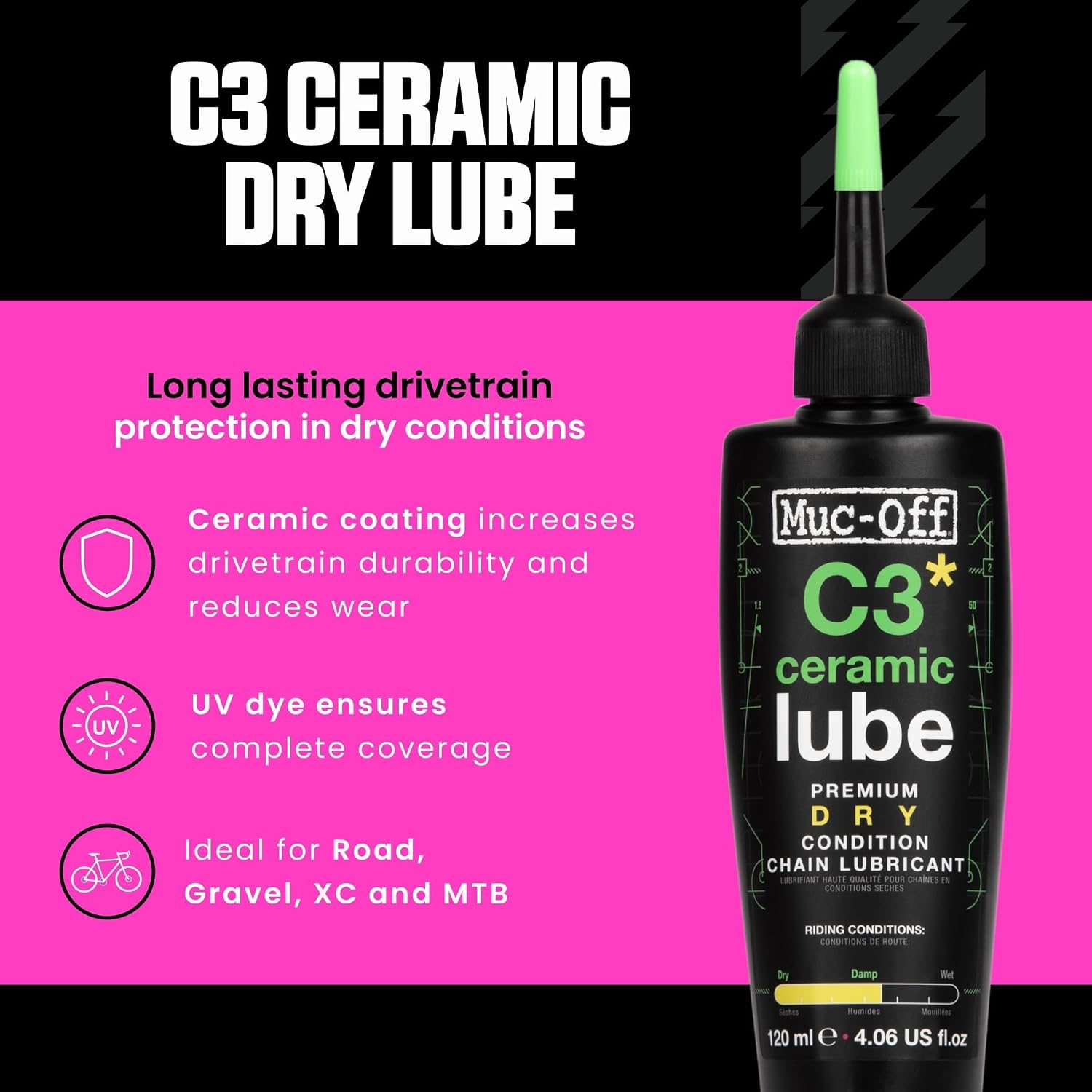 Detalle de Muc-Off C3 Lubrifiant Chaîne de Vélo – Ceramic Dry Lube 120 ml, traceur UV, pour conditions sèches et poussiéreuses