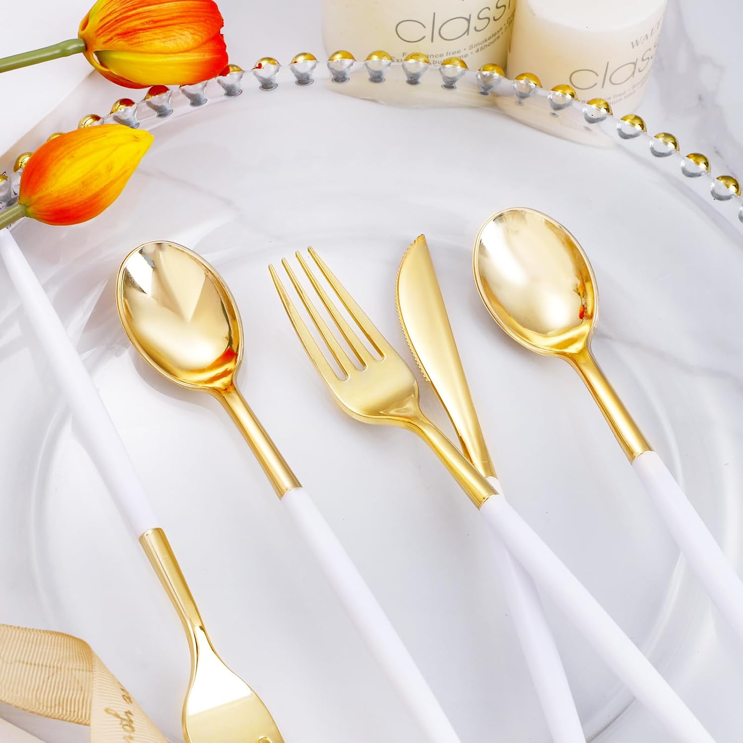 Detalle de I00000 300 Pcs Gold Plastic Silverware Set – Premium White & Gold Disposable Cutlery (100 forks, 100 knives, 100 spoons)