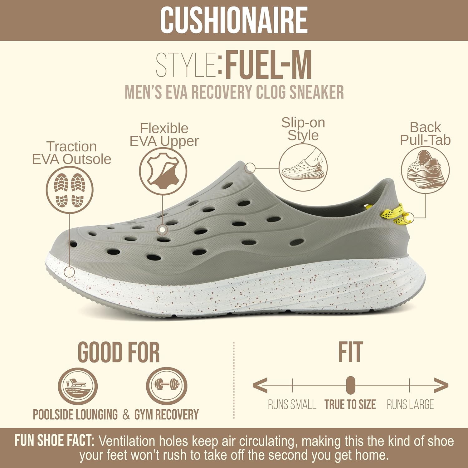 Detalle de CUSHIONAIRE Fuel EVA Recovery Shoes for Men: Lightweight, Waterproof Slip-On Sneakers