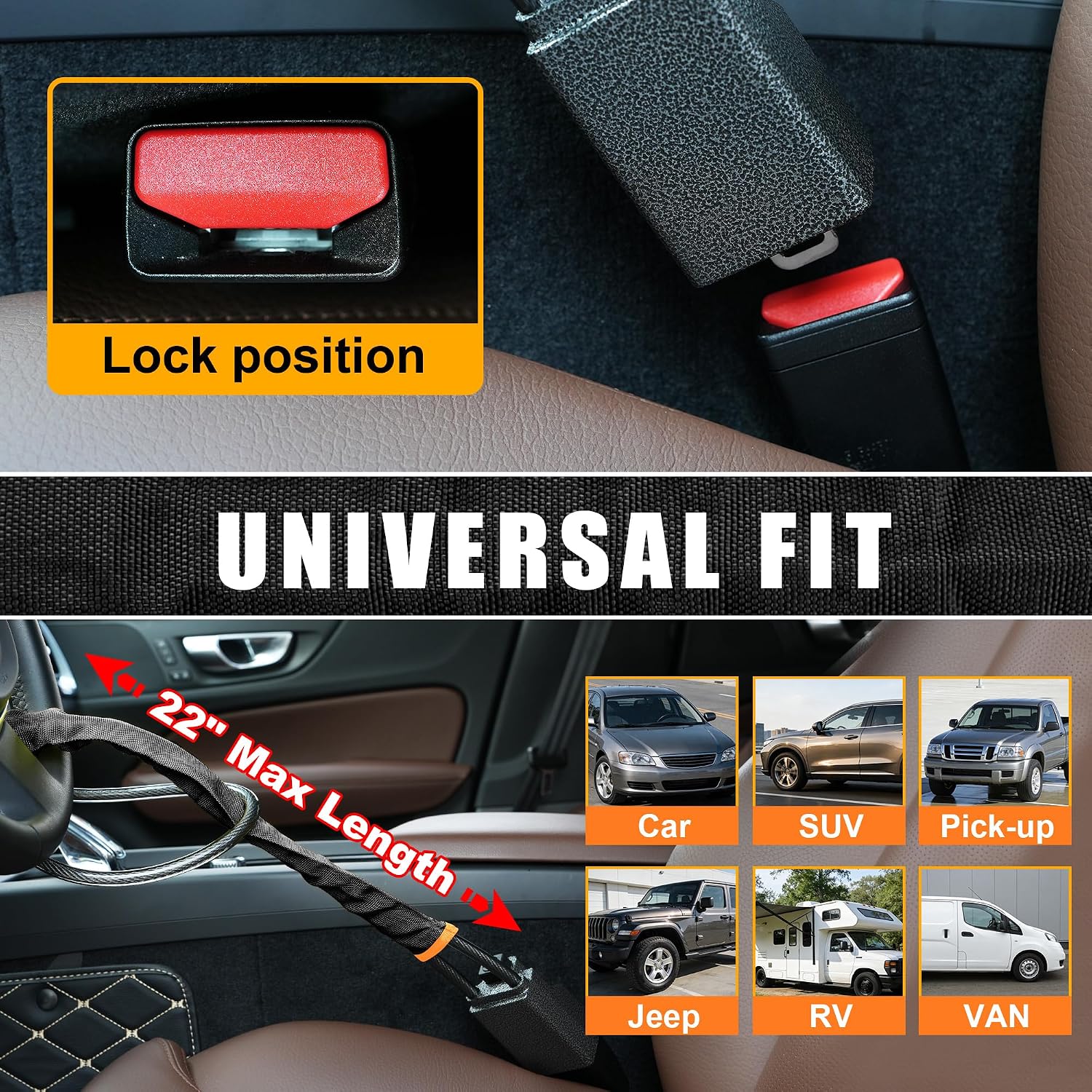 Thumbnail 5 de TURNART Steering Wheel Lock – Universal, Heavy-Duty Anti-Theft with Seat Belt Lock Design