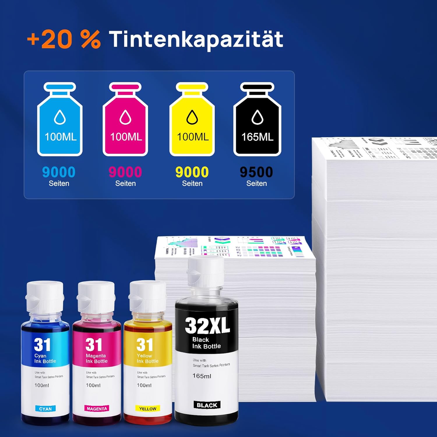 Detalle de Denvoer 31/32XL Tintenbundle für HP Smart Tank – 4 Flaschen, hoher Fassungsinhalt, einfache Nachfüllung