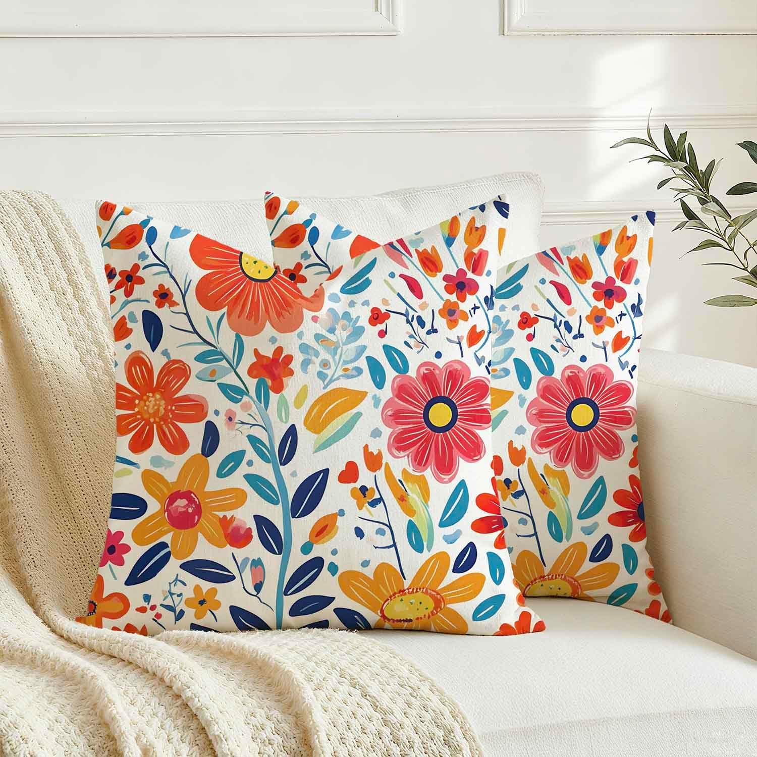 Detalle de Avalune Kissenbezug Frühling 45x45 Blumen Rot Blau – 2er Set, Leinoptik, waschbar