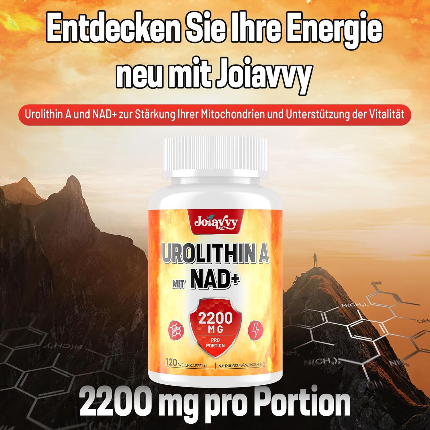 Detalle de Joiavvy Urolithine A Gélules 2000 mg par portion + NAD+ 200 mg – Complément mitochondrial 2 en 1