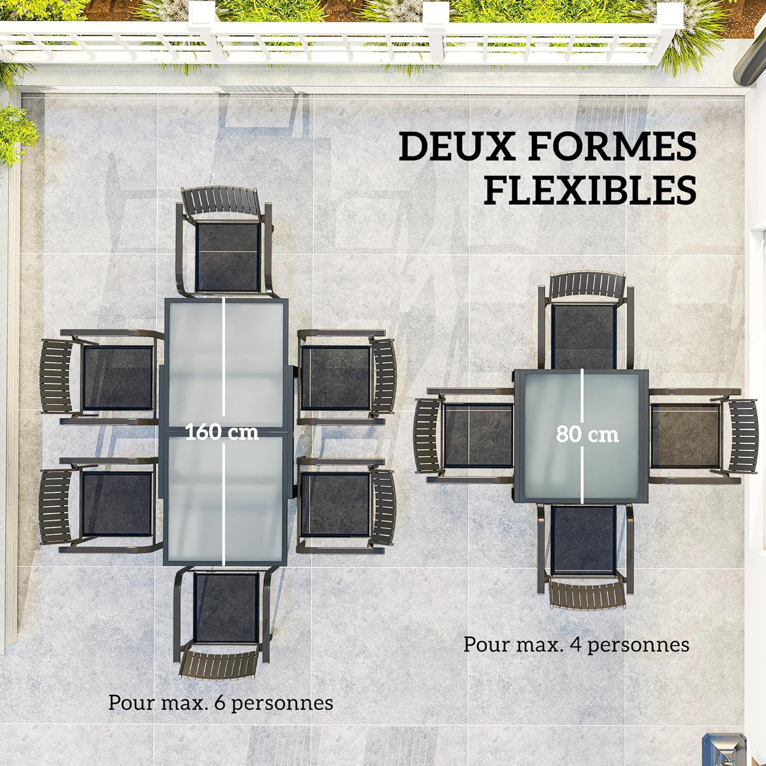 Detalle de Outsunny table de jardin extensible grande taille avec plateau en verre trempé foncé (160 x 80 x 75 cm)