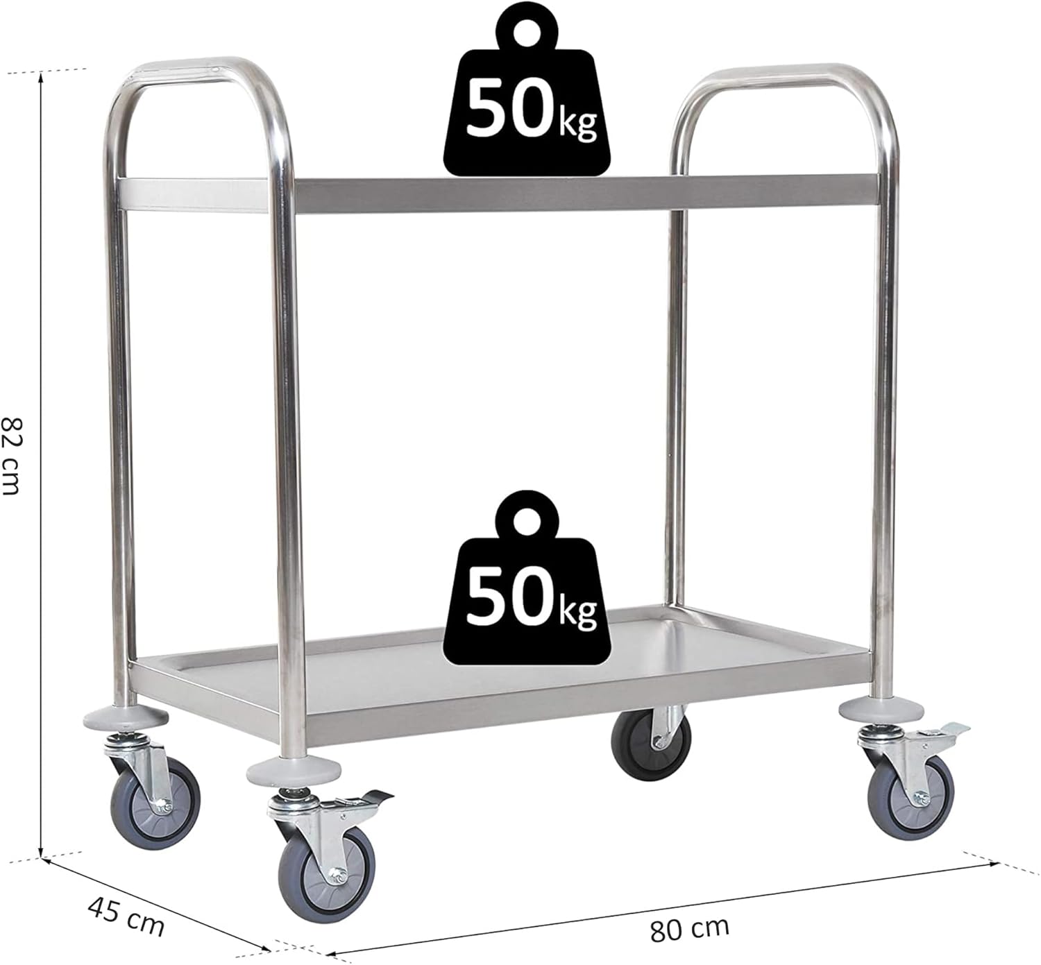 Thumbnail 6 de HOMCOM Chariot de Service et Desserte de Cuisine à Roulettes, 2 étagères, 80L x 45cm x 82H, Acier Inox chromé