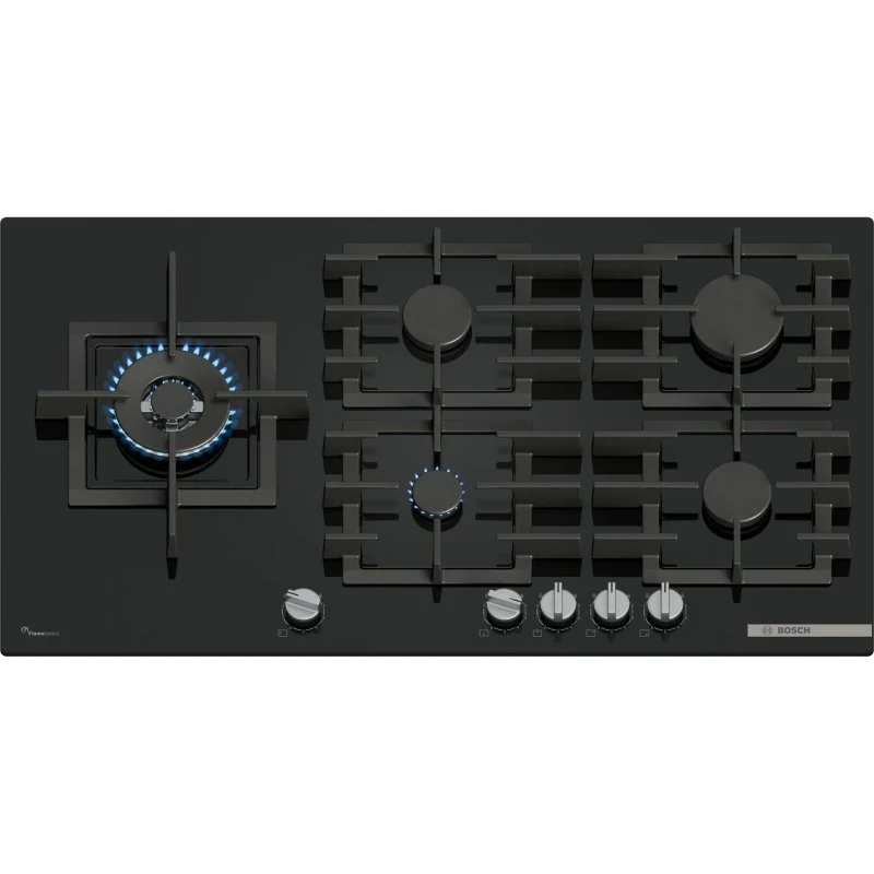Detalle de Encimera de gas Bosch Serie 6 PPM9A6I40: 90 cm, 5 zonas, negro - rendimiento profesional y estética moderna