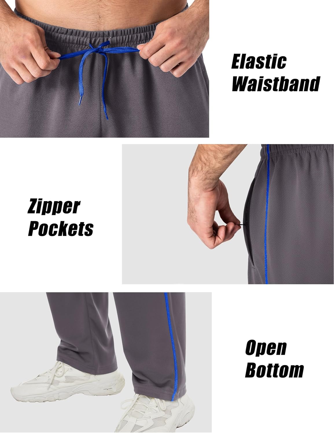 Detalle de EKLENTSON men’s mesh tracksuit bottoms with zip pockets (open-bottom) – loose fit jogging sweat pants