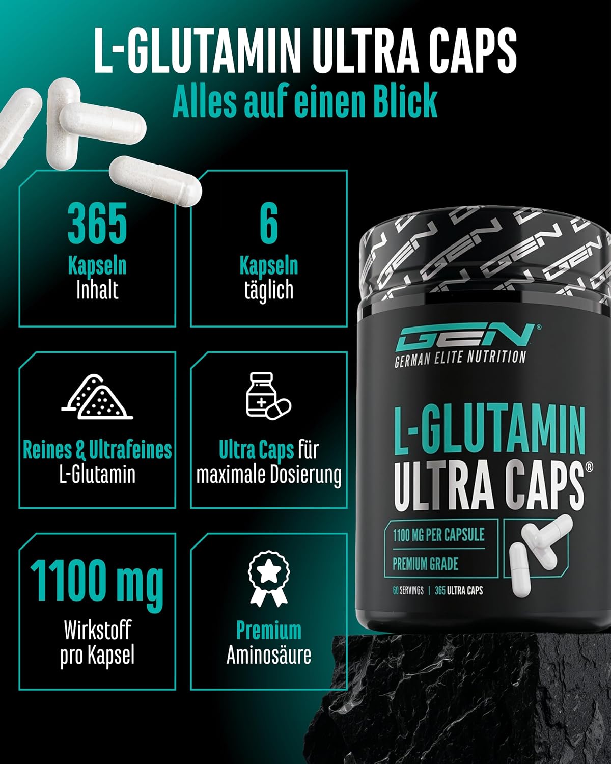 Detalle de L-Glutamin Ultra Caps – 365 Kapseln, 1100 mg pro Kapsel