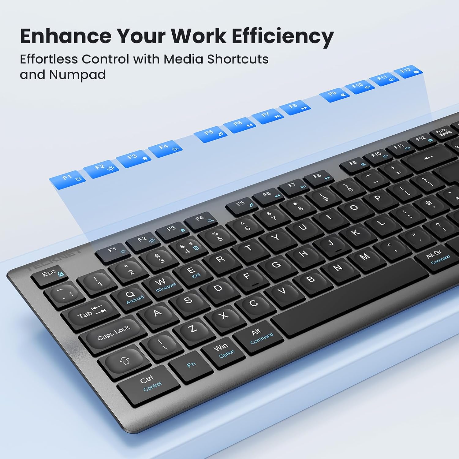 Thumbnail 5 de TECKNET Wireless Keyboard and Mouse Combo (2.4G, rechargeable) with UK QWERTY full-size keyboard and silent click mouse
