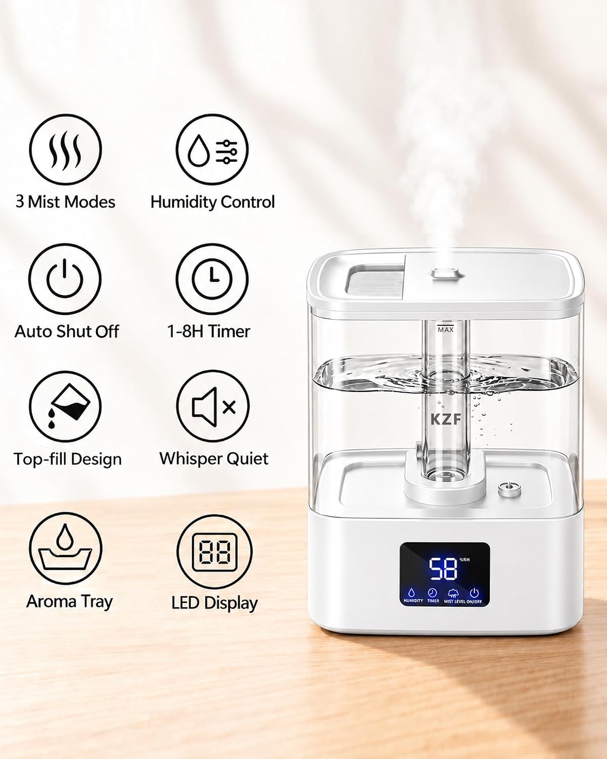 Detalle 2 de KZF 4L Cool Mist Humidifier with Top-Fill Design and Humidity Display