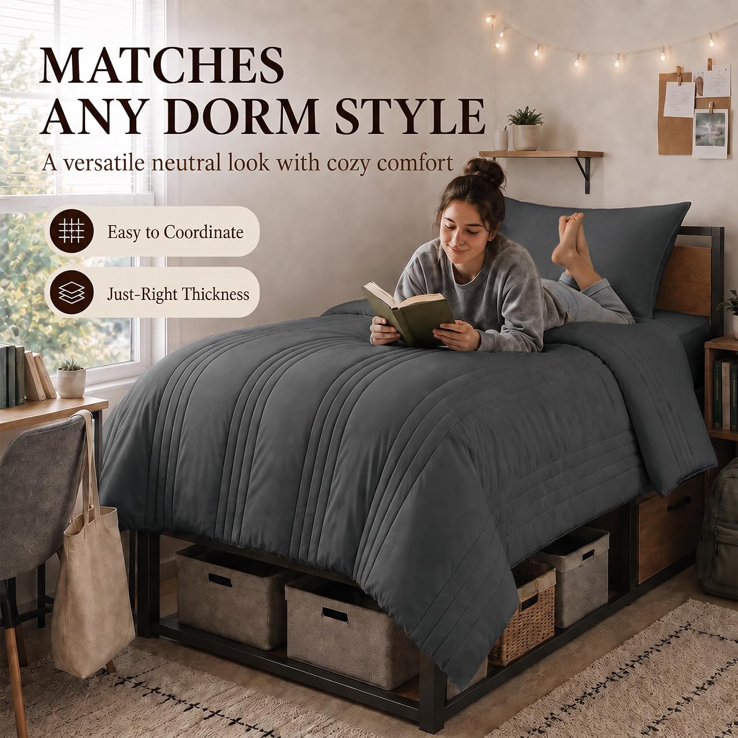 Detalle de CozyLux Twin XL Comforter Set Dark Grey – 5 Pieces Bed in a Bag