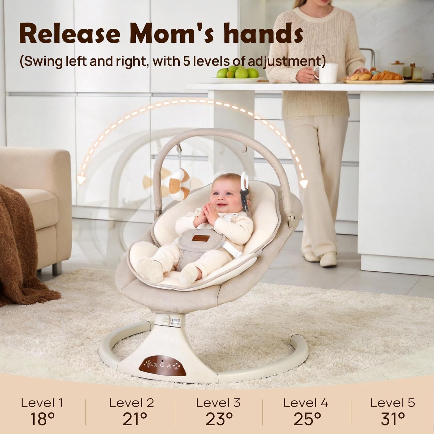 Thumbnail 2 de Viriwebaby XJD001-Beige Infant Swing, 5 Speeds, Bluetooth and Timer