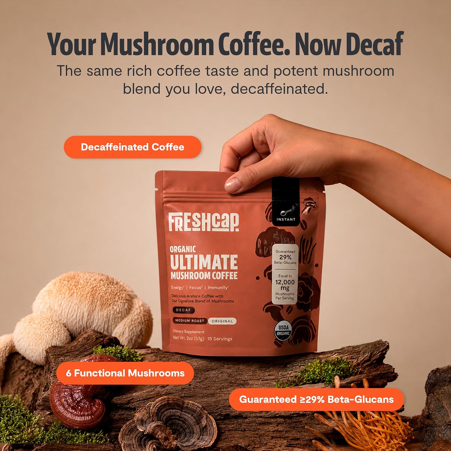 Detalle de FreshCap Decaf Mushroom Coffee, 15 Servings