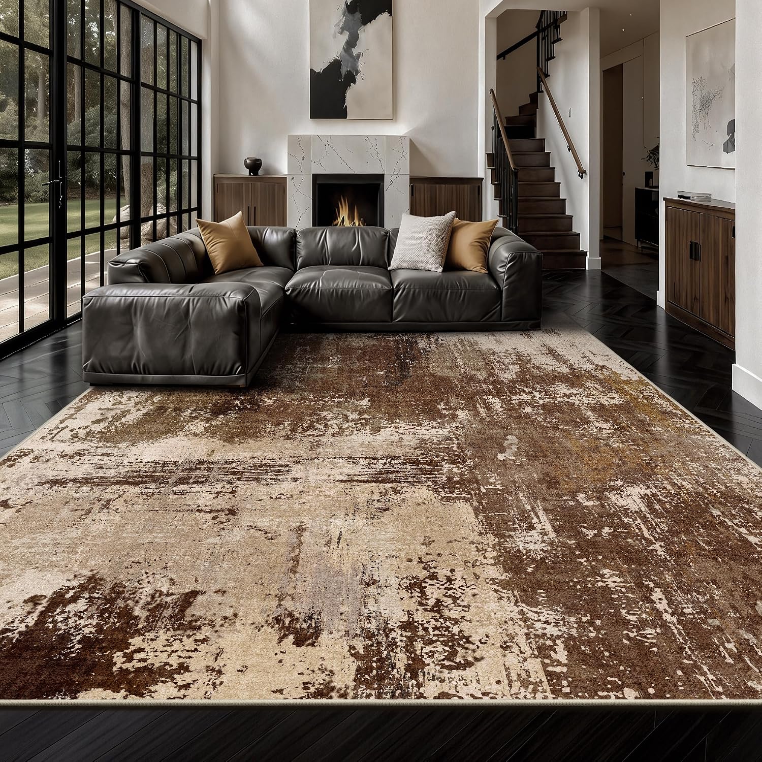 Detalle de Yarooge 8' x 10' Brown Abstract Washable Area Rug, Low-Pile