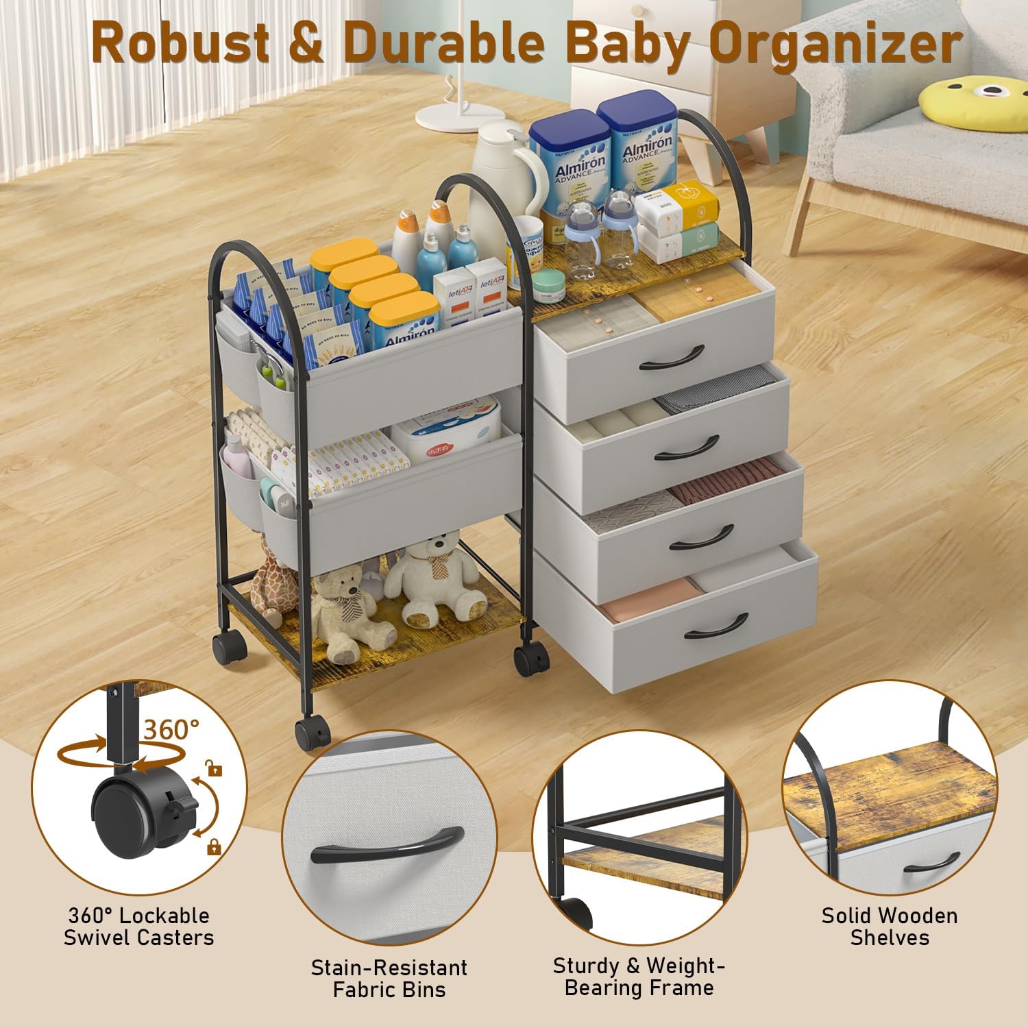Detalle de Nylaira WJ-NBC 4-Tier Baby Diaper Caddy Cart with Drawers and Locking Wheels