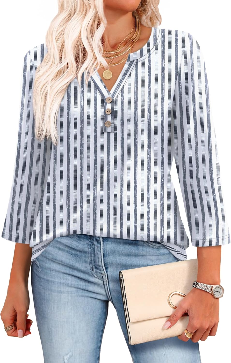 Thumbnail 1 de Aokosor Womens 3/4 Sleeve V-Neck Blouse Tunic: Versatile Office-Ready Top
