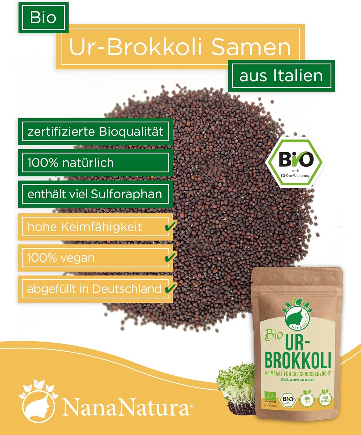 Detalle 2 de NanaNatura Bio Ur-Brokkoli Sprossen Samen 180 g – Keimfähige Brokkoli-Samen mit hohem Sulforaphan-Gehalt