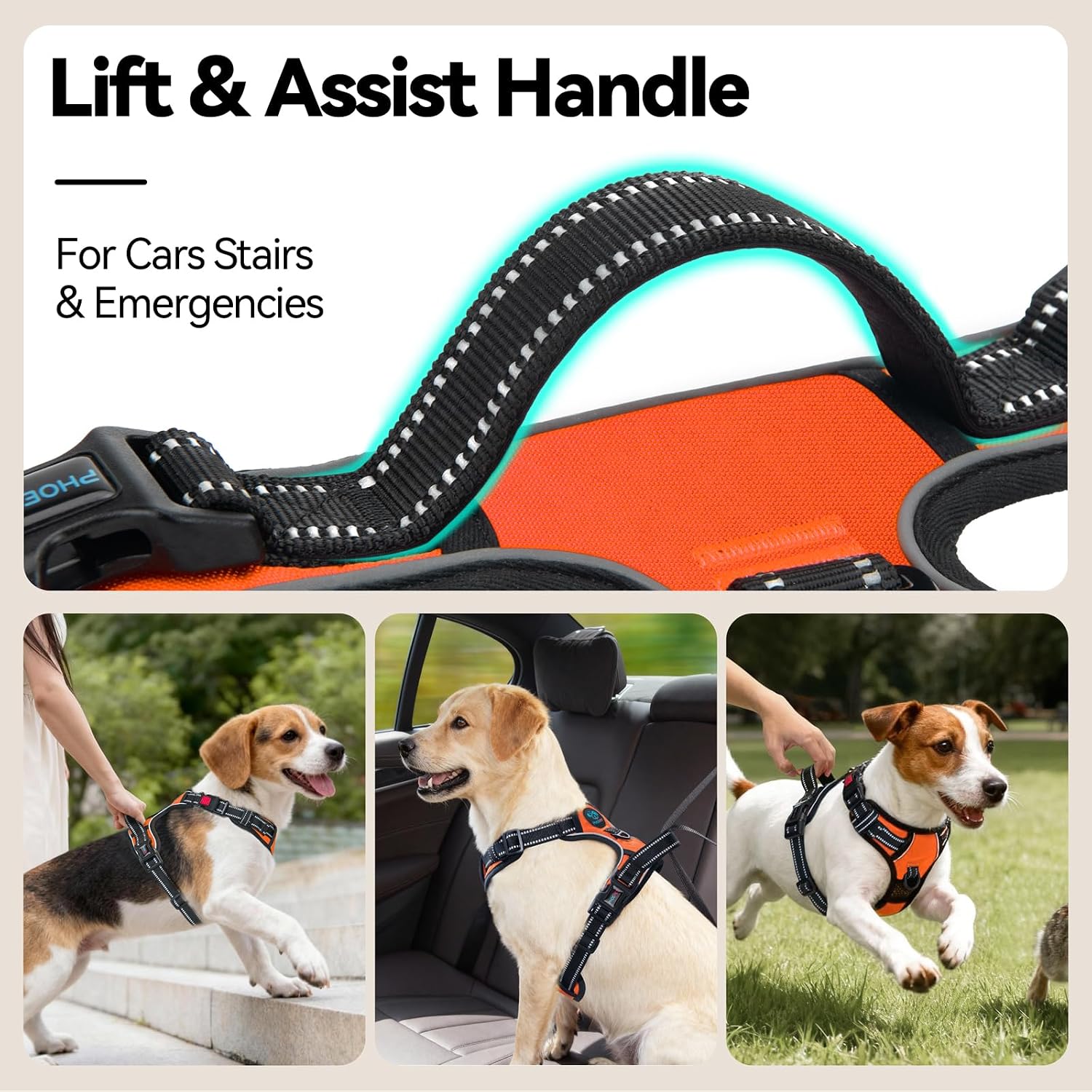 Detalle de PHOEPET No Pull Dog Harness: Adjustable Vest with Front & Back D-Rings, Reflective Strips and Emergency Handle