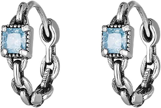 Detalle de SLUYNZ 925 Sterling Silver Blue CZ Hoop Earrings for Women – 1.3 cm Link Huggie