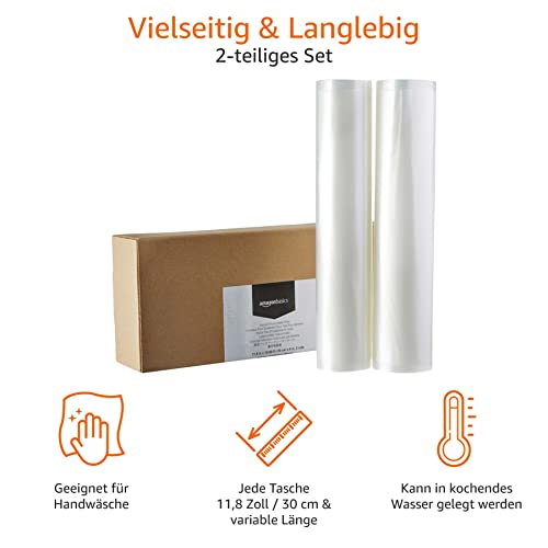 Detalle de Amazon Basics 30 cm x 600 cm Beutelrollen – 2 Rollen, BPA-frei, vakuumierbar, mikrowellengeeignet