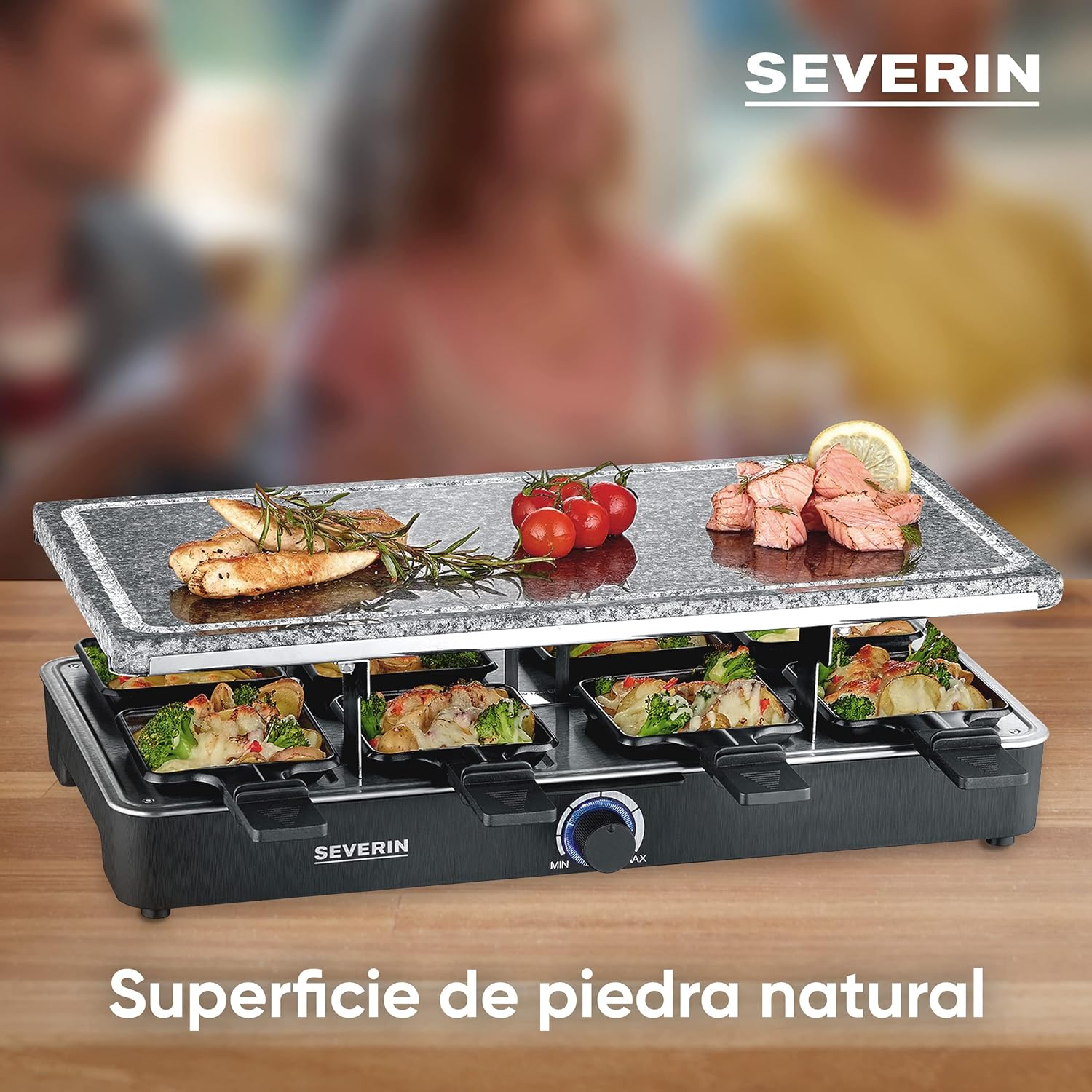 Detalle 1 de SEVERIN Raclette RG 2372 con piedra natural y 8 sartenes
