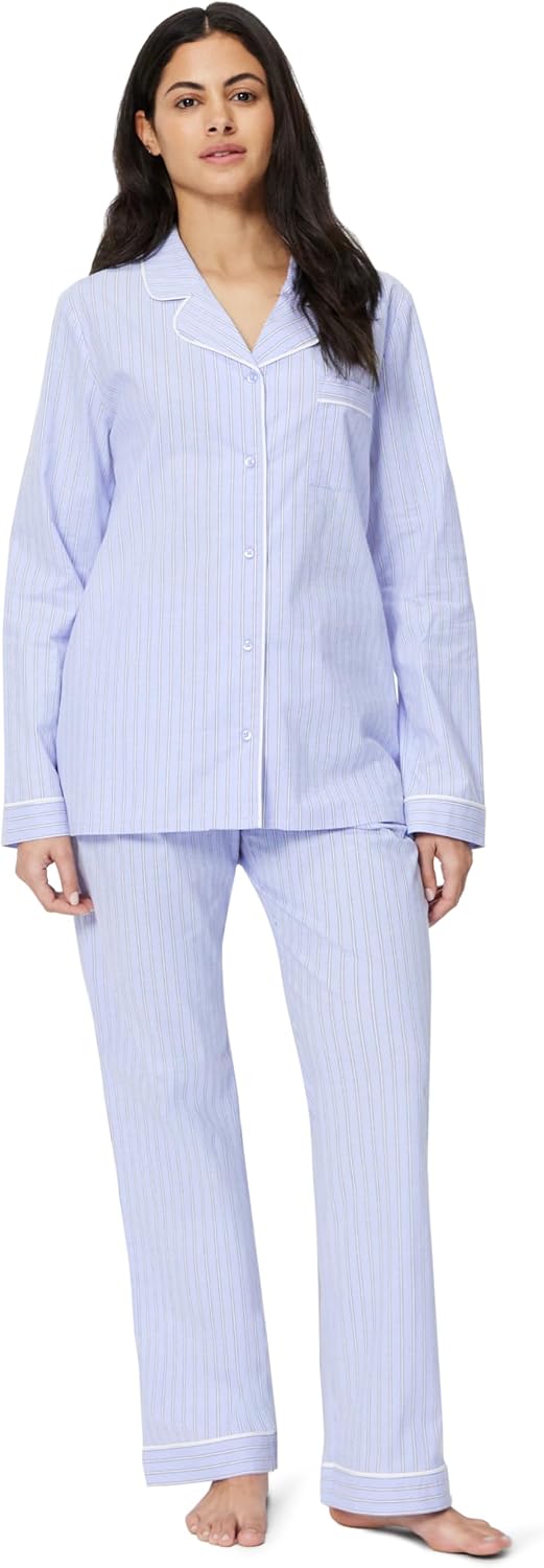 Detalle de Amazon Essentials Women's Cotton Stretch Poplin Pajama Set – Long Sleeve Shirt & Pants
