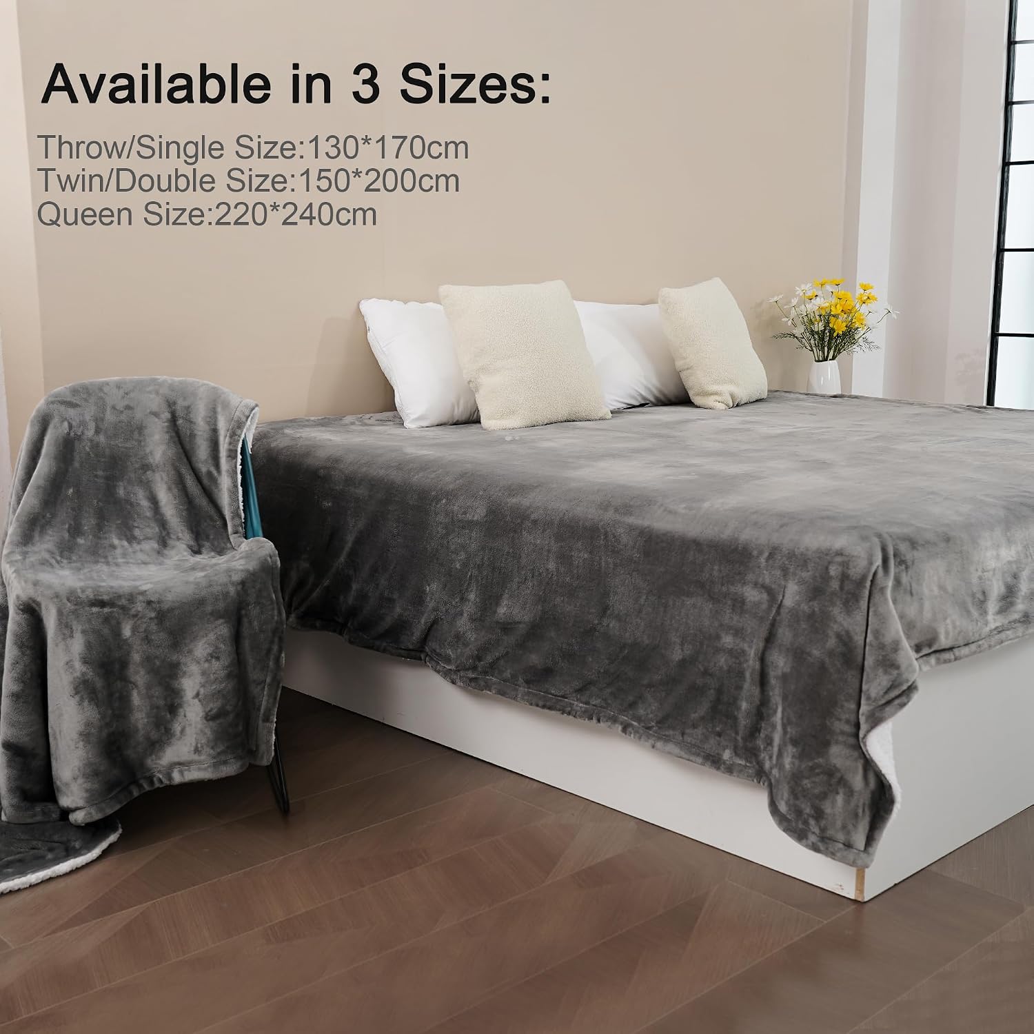 Detalle 2 de Winthome Double-Layered Sherpa Fleece Throw Blanket – Ultra Soft, Warm and Breathable 130 x 170 cm (Grey)