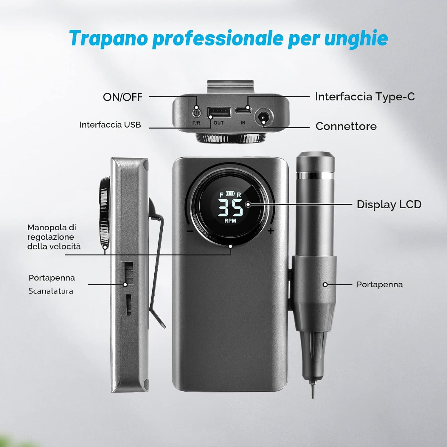 Thumbnail 3 de Fresa per Unghie Professionale 35000 RPM Portatile: Lima Elettrica Ricaricabile con Display LED per Saloni e D.I.Y.