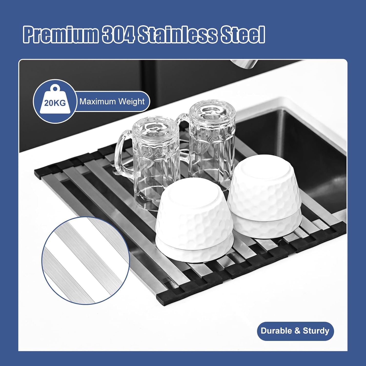 Thumbnail 3 de KitchenRaku Abtropfgestell Geschirr 40x32,5 cm – faltbar, Edelstahl 304 mit Silikonendenschutz